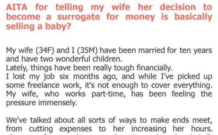 AITA For Telling Surrogate To Stop Acting As Husband's Wife?